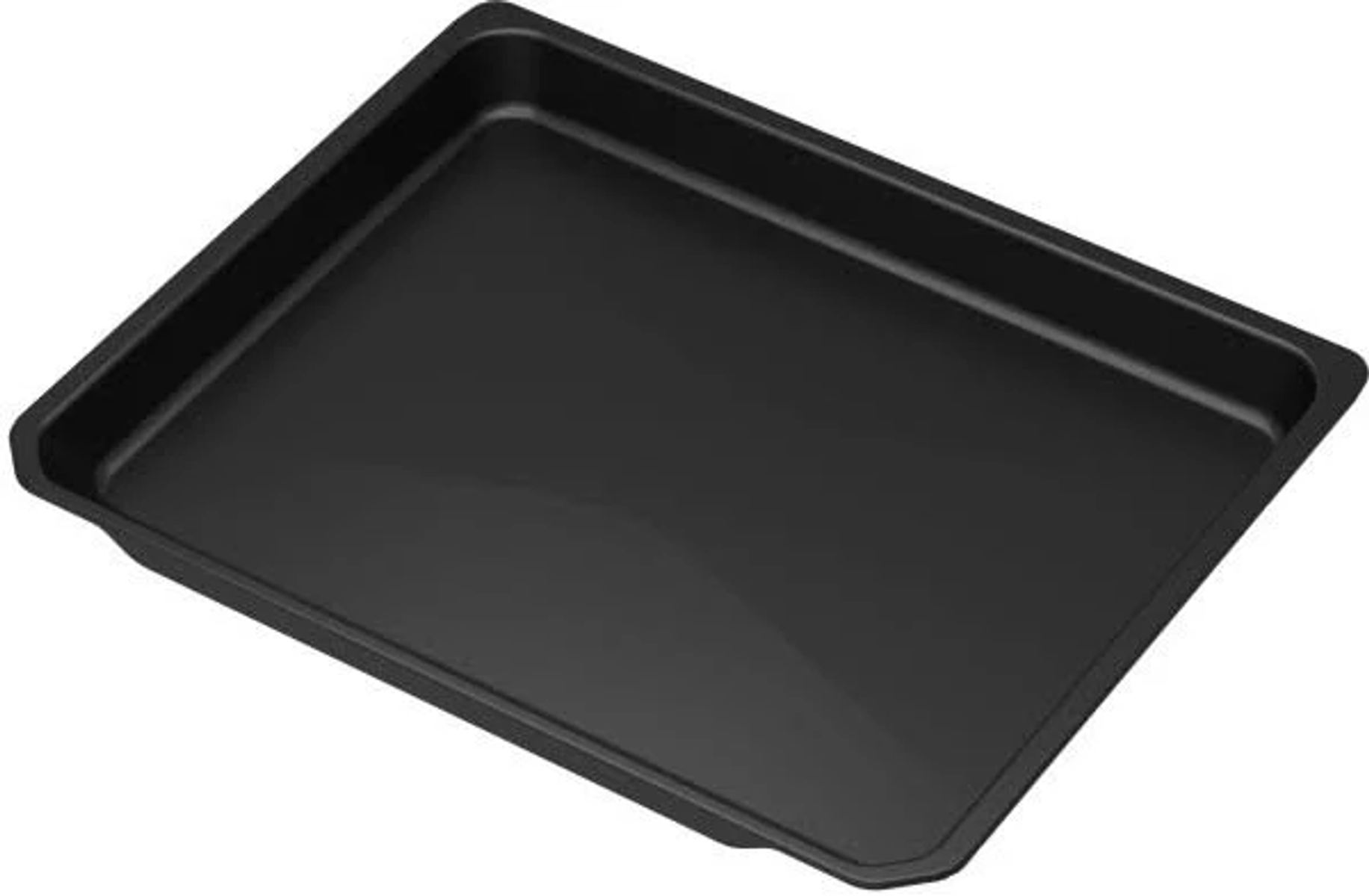Bandeja rectangular negra, vacía, ligeramente inclinada, con borde.