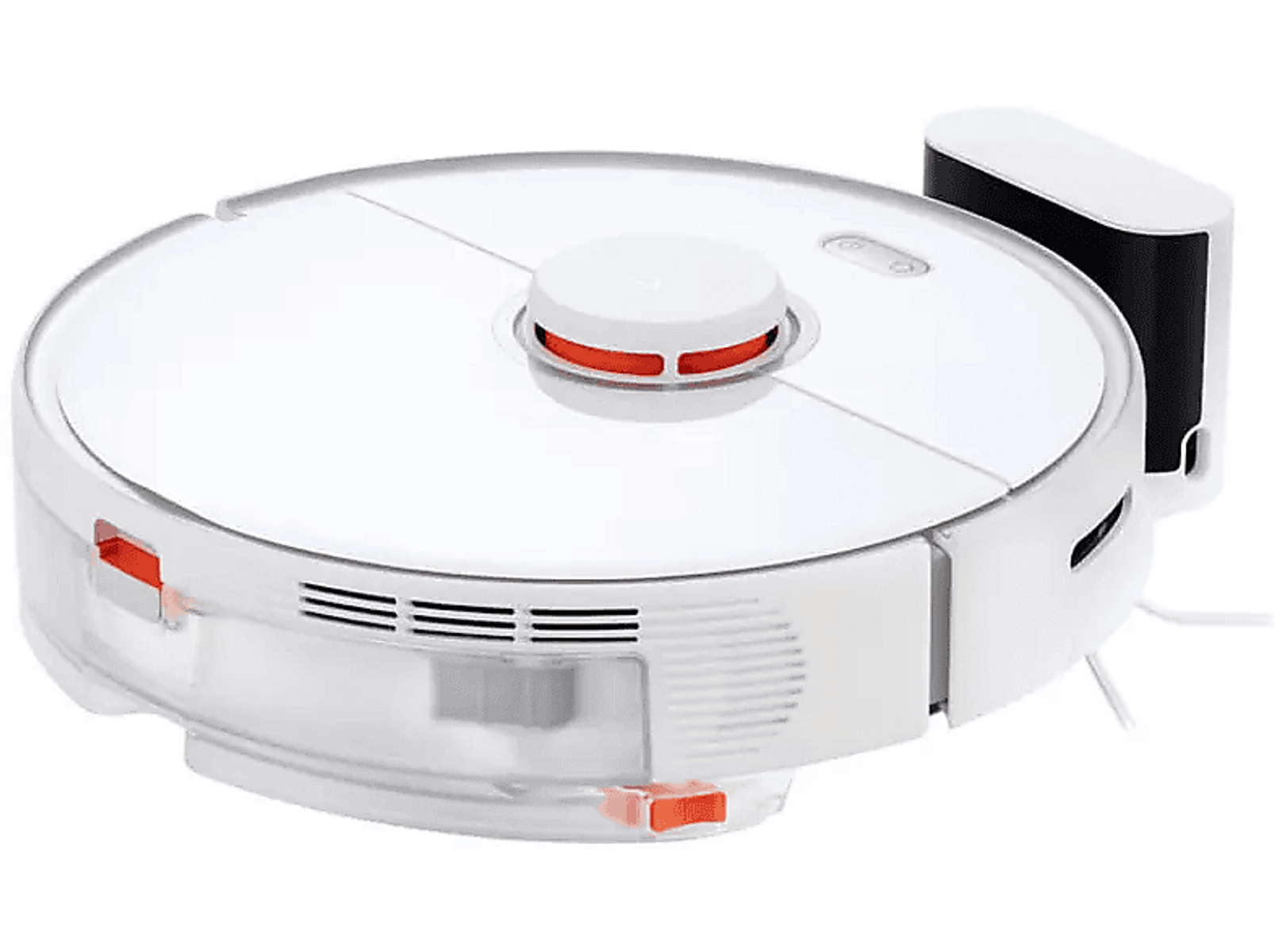 Weißer Roboter-Staubsauger mit Ladestation, schräge Aufnahme, weißer Hintergrund.