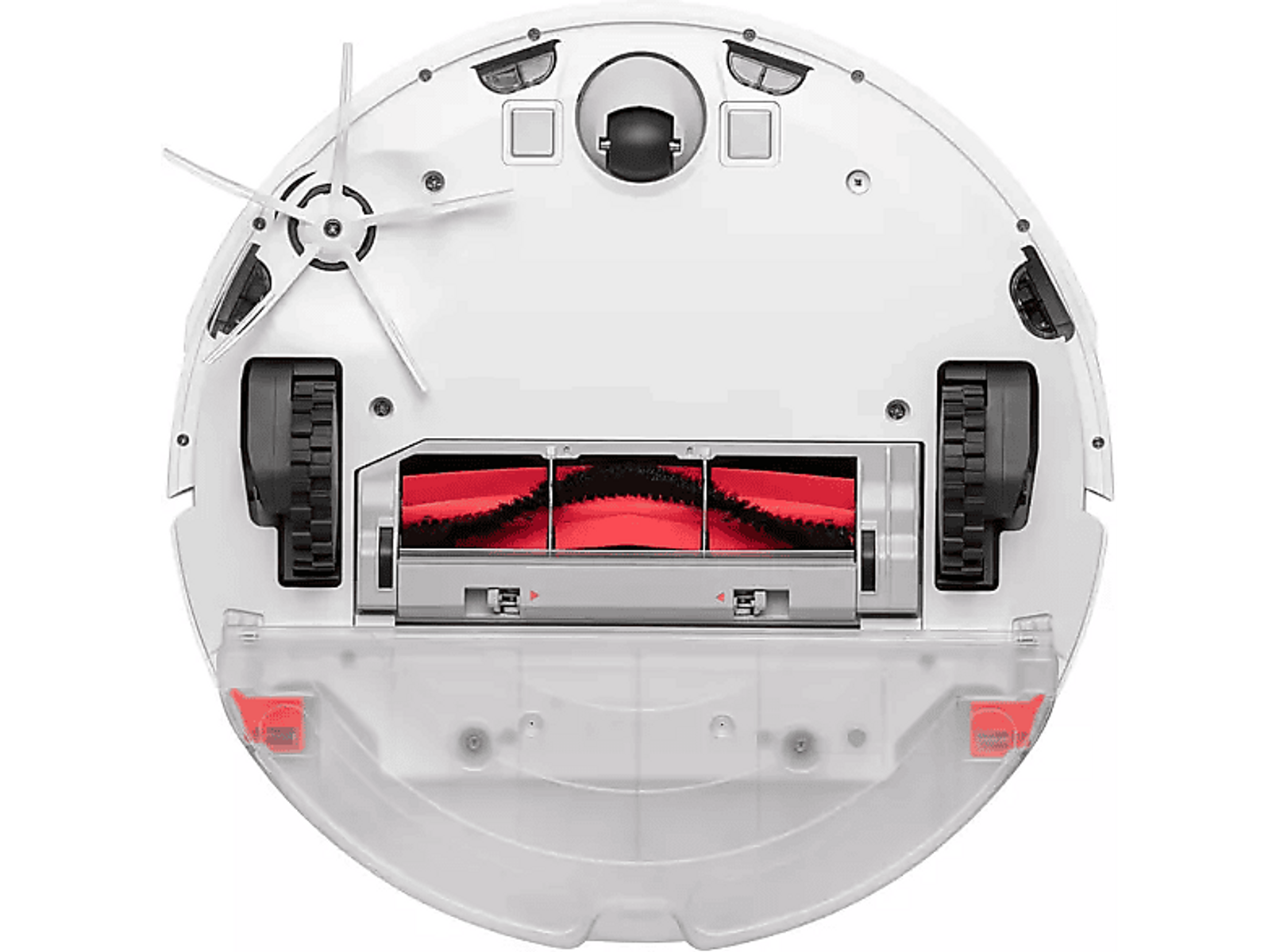 Weißer Roboter-Staubsauger, Unterseite, mit sichtbaren Bürsten und Rädern.
