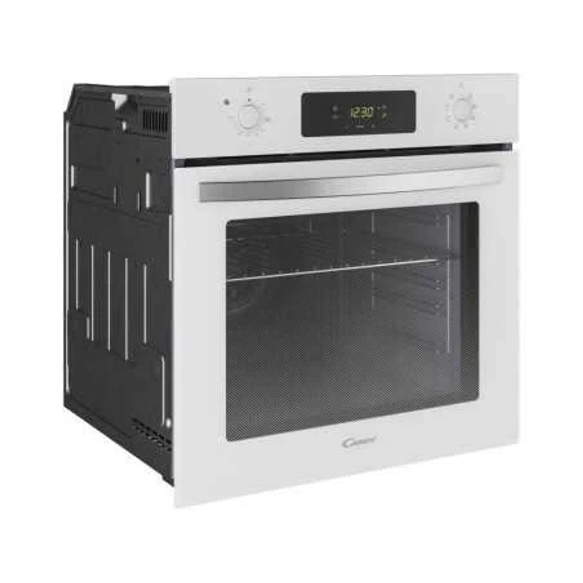 Horno blanco con pantalla digital, puerta abierta y paneles laterales negros.