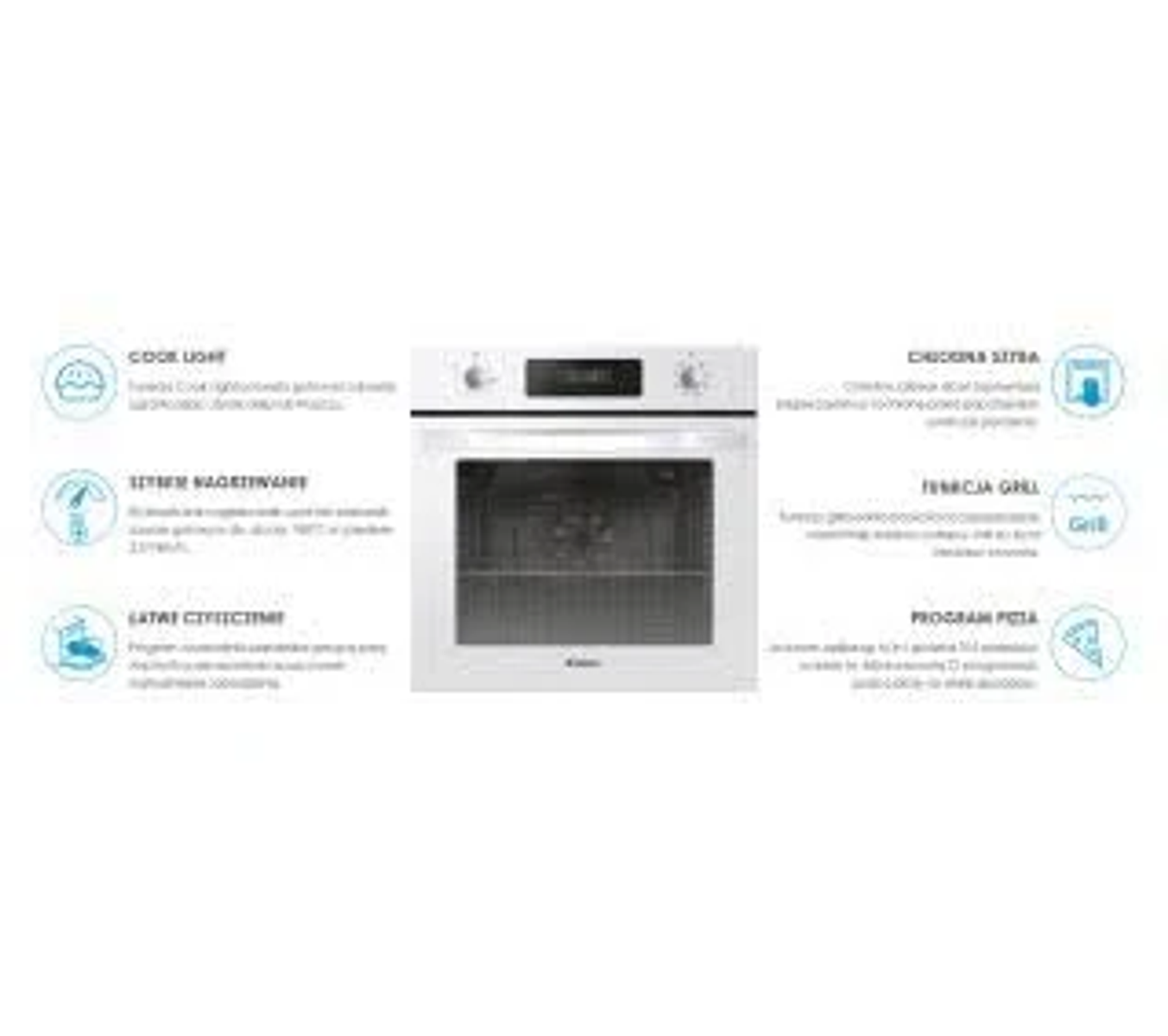 Horno blanco con iconos que explican diferentes funciones.