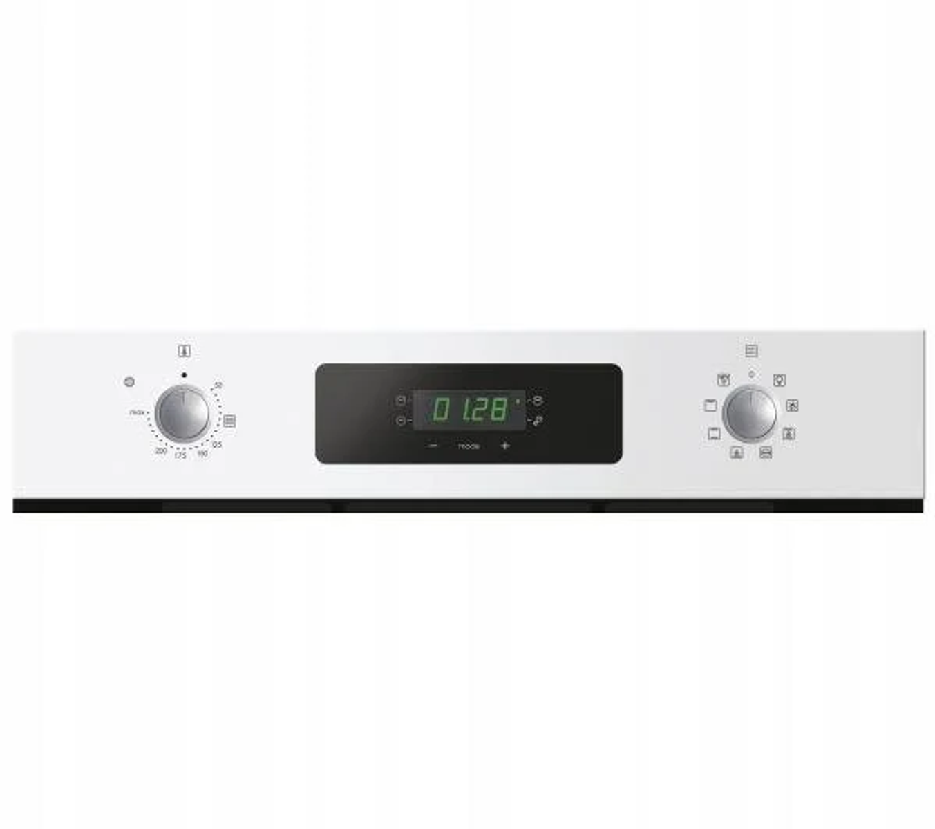Panel de control de horno blanco con perillas y una pantalla digital que muestra 0:28 y varios símbolos.