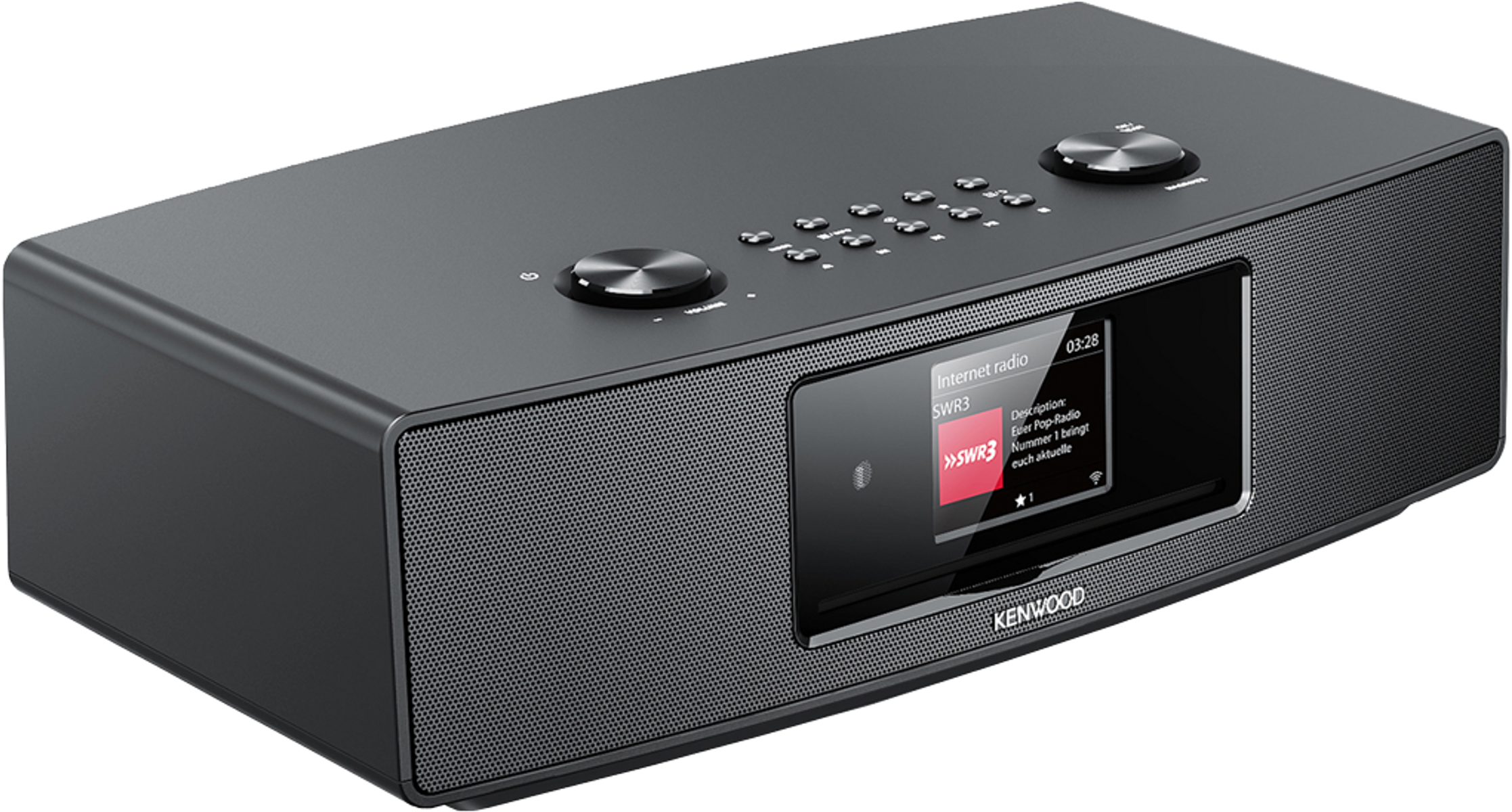 Een zwarte Kenwood digitale radio met een scherm dat tekst weergeeft, met knoppen en knoppen.