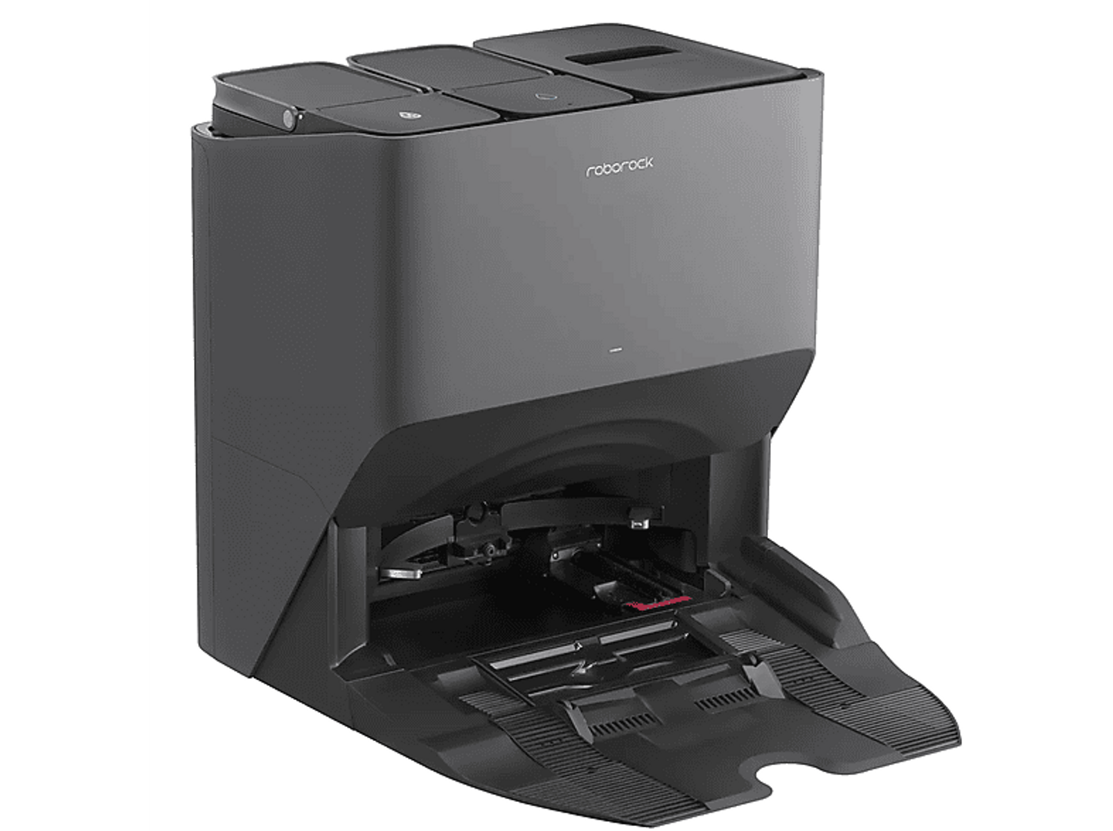 Dunkelgrauer Roboter-Staubsauger mit offenen Komponenten. Oben und vorne offen, Innenraum sichtbar.