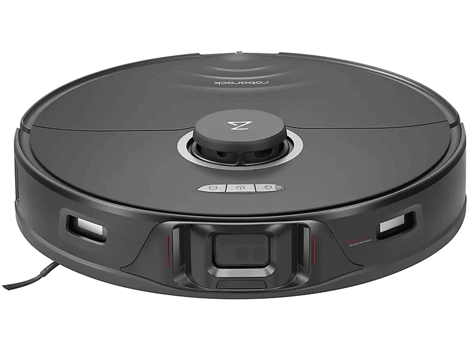 Schwarzer Roboter-Staubsauger auf dunklem Hintergrund mit 'Roborock'-Logo oben.