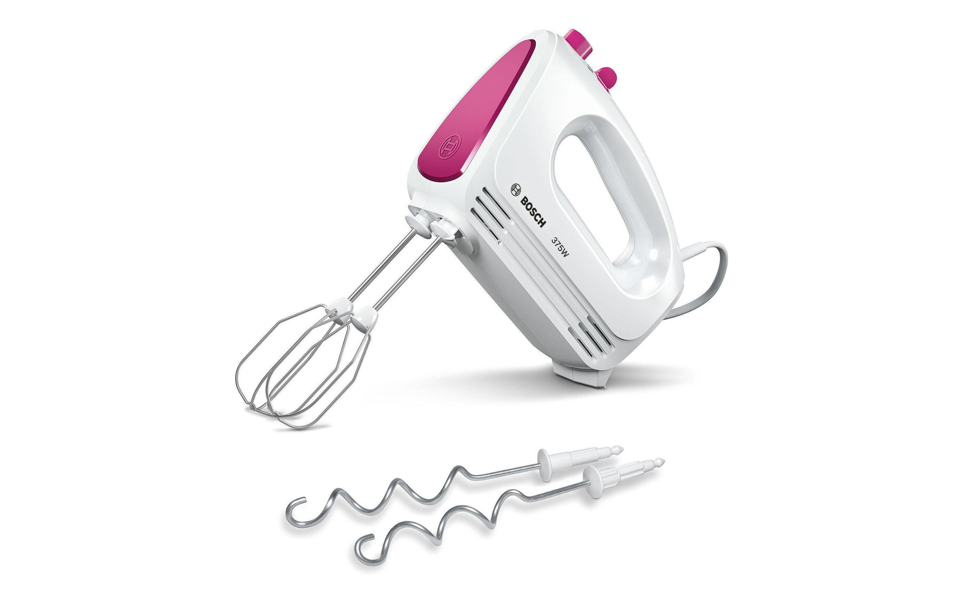 Ein weißer und rosa Handmixer mit zwei Rührbesen und zwei zusätzlichen Rührbesen daneben auf einer weißen Oberfläche.