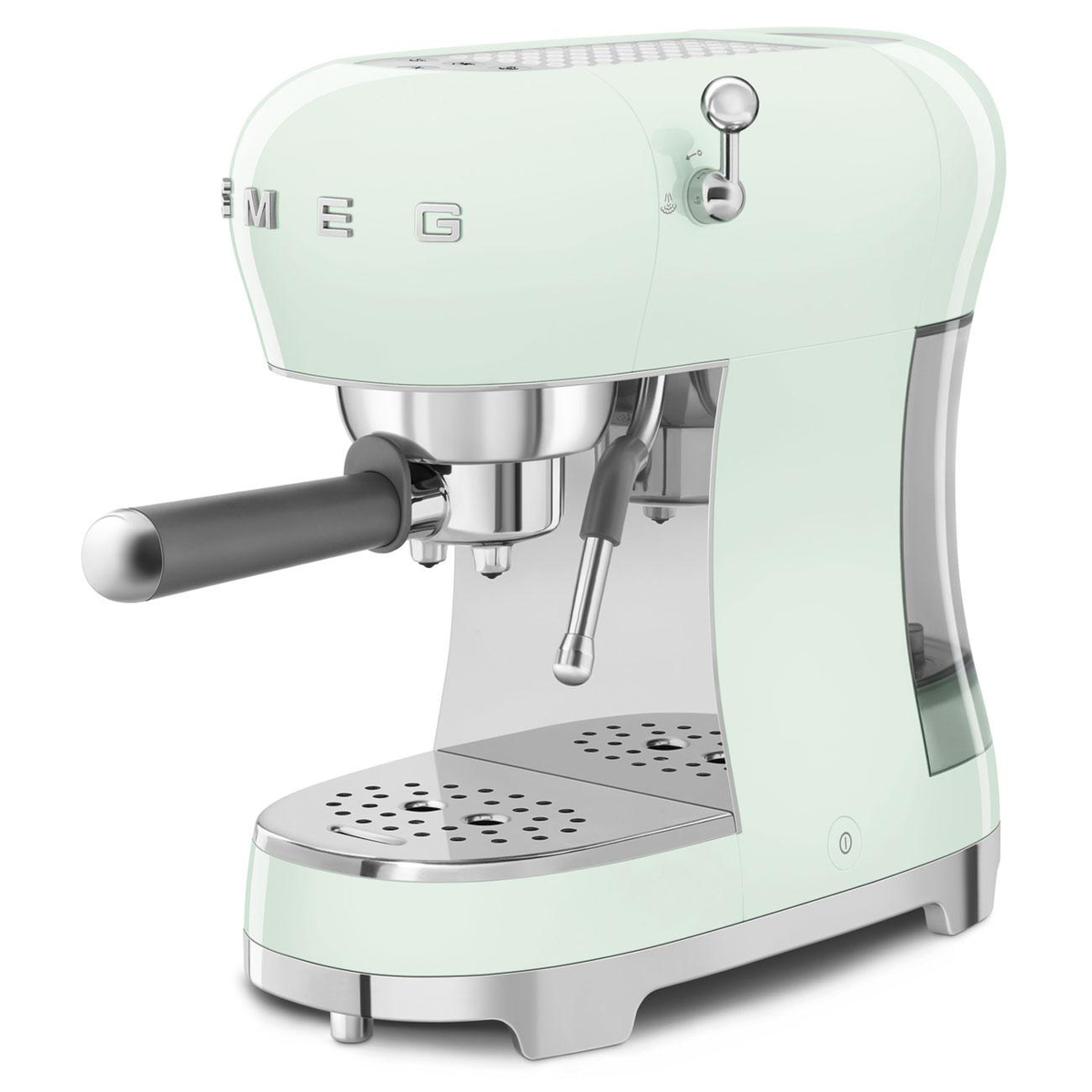 Máquina de espresso verde menta de estilo retro con detalles cromados. Fondo blanco.