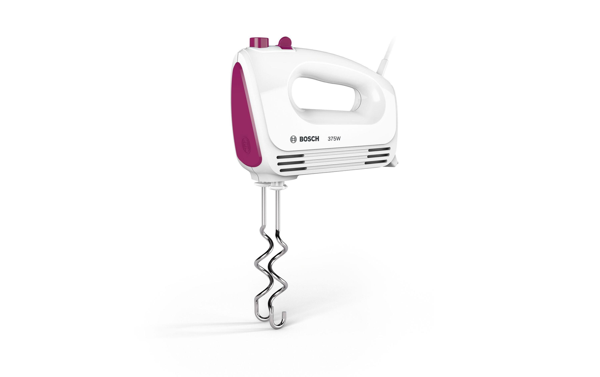 Ein weißer und violetter Handmixer mit Schneebesenaufsatz, isoliert auf weißem Hintergrund.