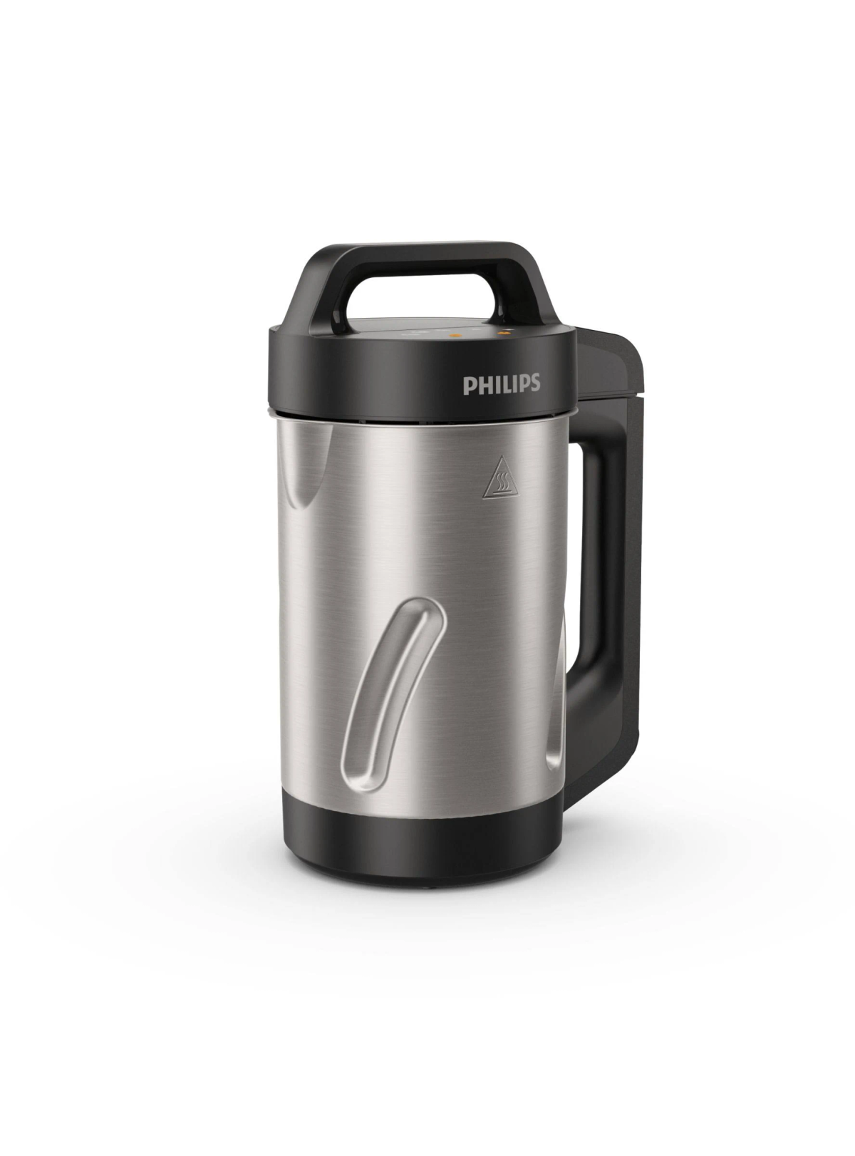 Un cuocipasta Philips argento e nero. Ha un manico e un coperchio nero con il logo Philips.