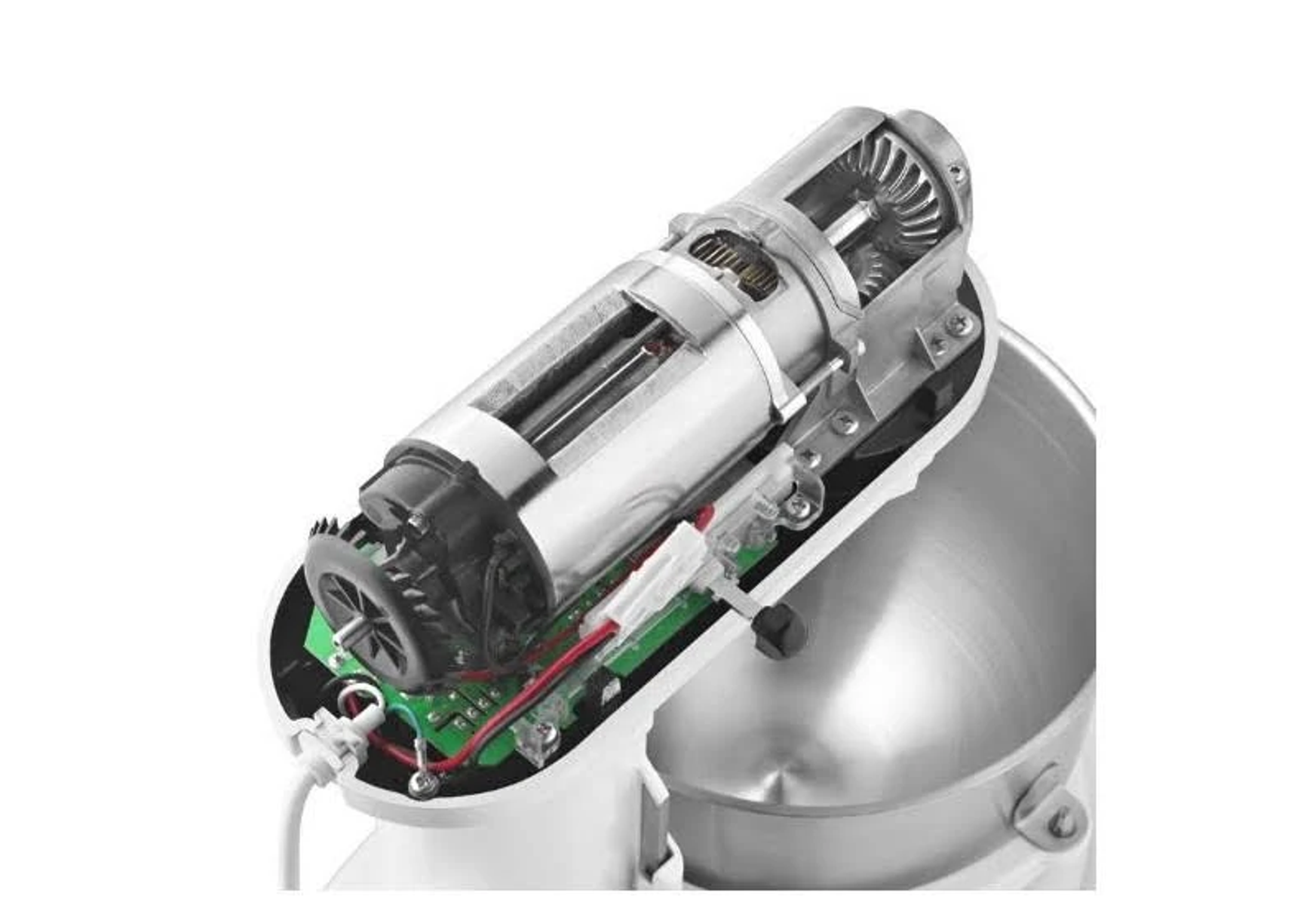 Ein offener weißer Küchenmixer, der die innere Mechanik des Motors und der Schüssel zeigt.