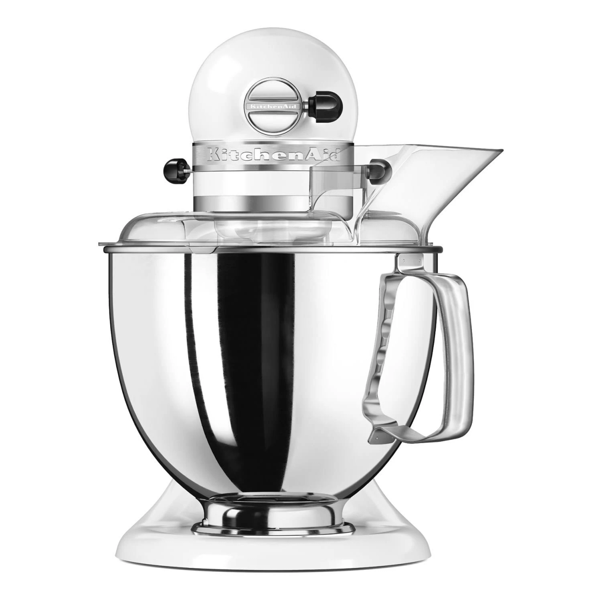 Weißer KitchenAid-Küchenmixer mit durchsichtigem Spritzschutz und Edelstahlschüssel. Weißer Hintergrund.