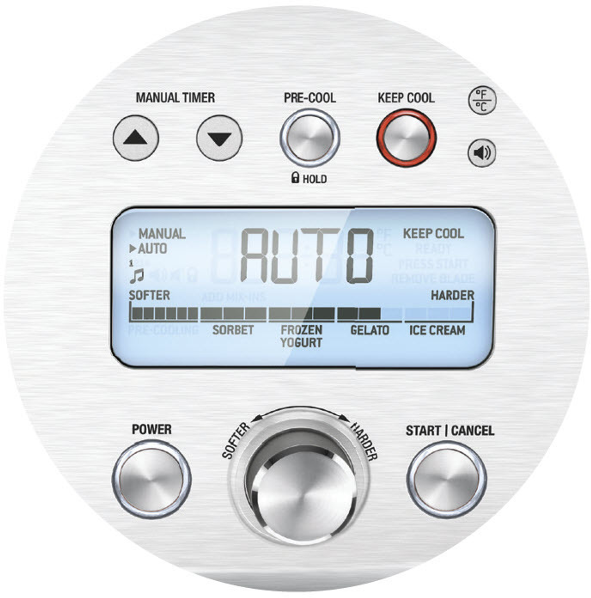 Panel sterowania maszyną do lodów z przyciskami i wyświetlaczem cyfrowym.