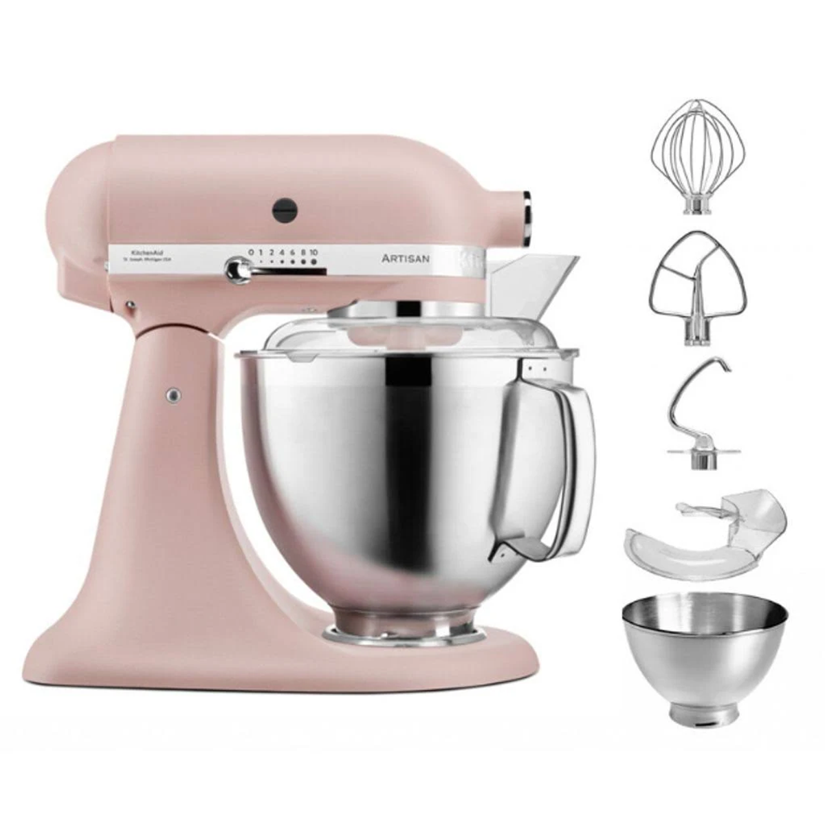 Różowy mikser KitchenAid z akcesoriami. Zawiera misę, trzepaczkę, hak do ciasta i osłonę.