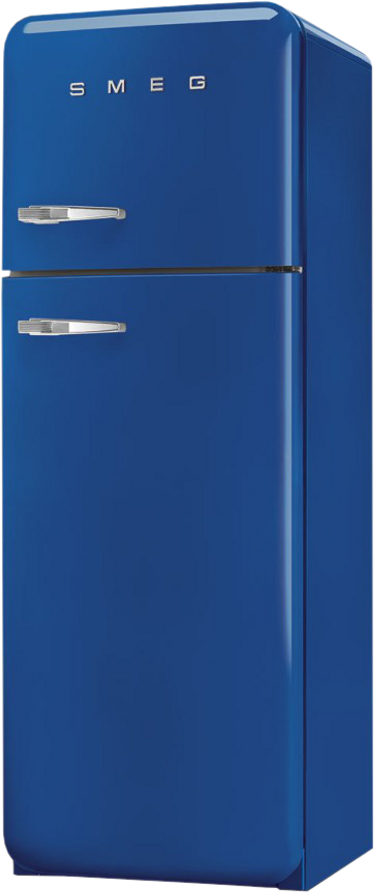 Refrigerador Smeg azul con manijas plateadas y logo SMEG.