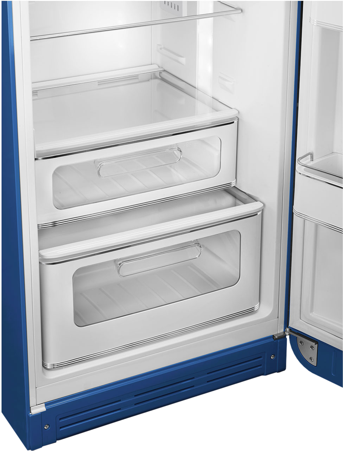 Refrigerador retro azul. Se ven dos cajones. Interior blanco.