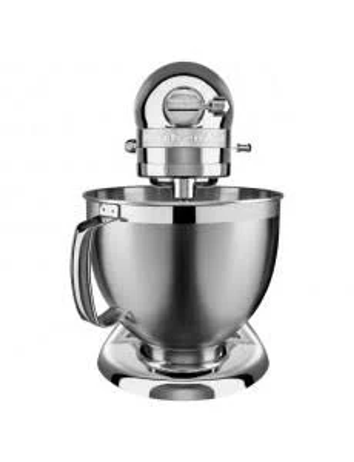 Srebrny mikser stojący na białym tle. Mikser jest na środku ramki.