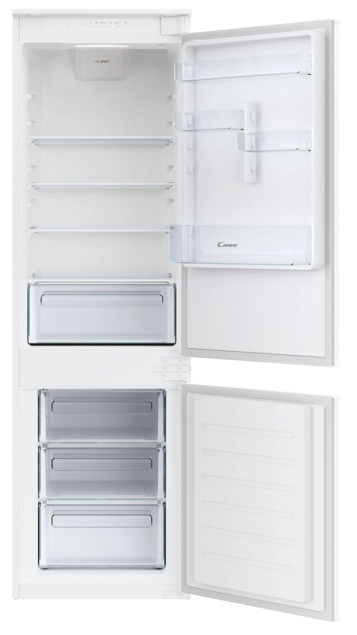 Biała lodówka z otwartymi drzwiami, pokazująca półki, szuflady i przechowywanie.