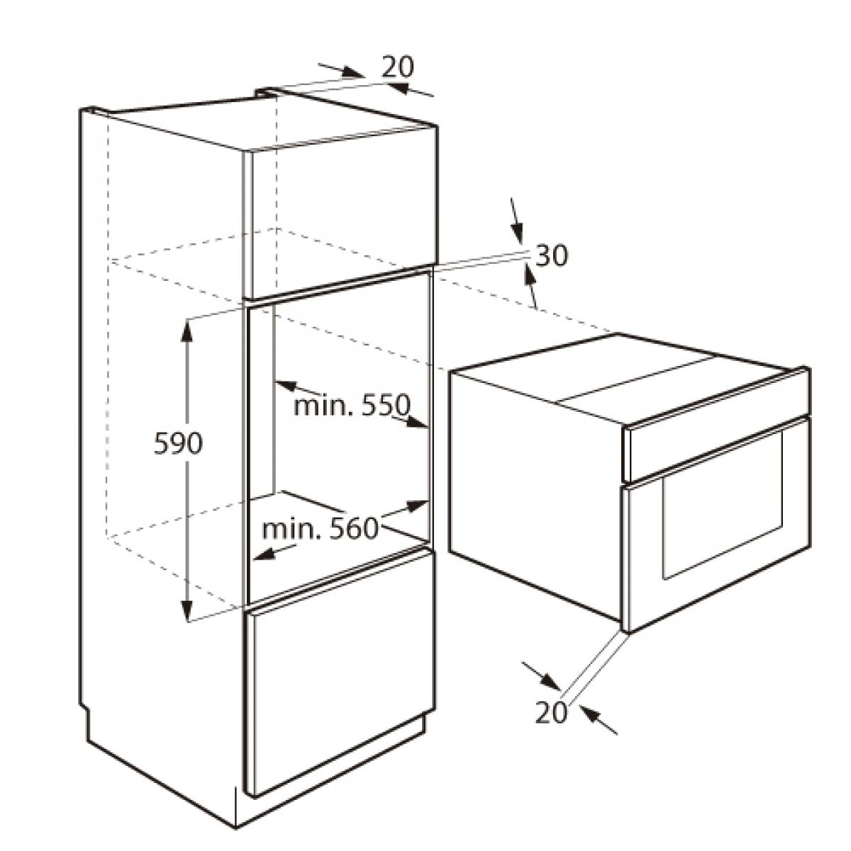 Dibujo técnico de electrodomésticos empotrados con dimensiones y cortes. Líneas blancas y negras.