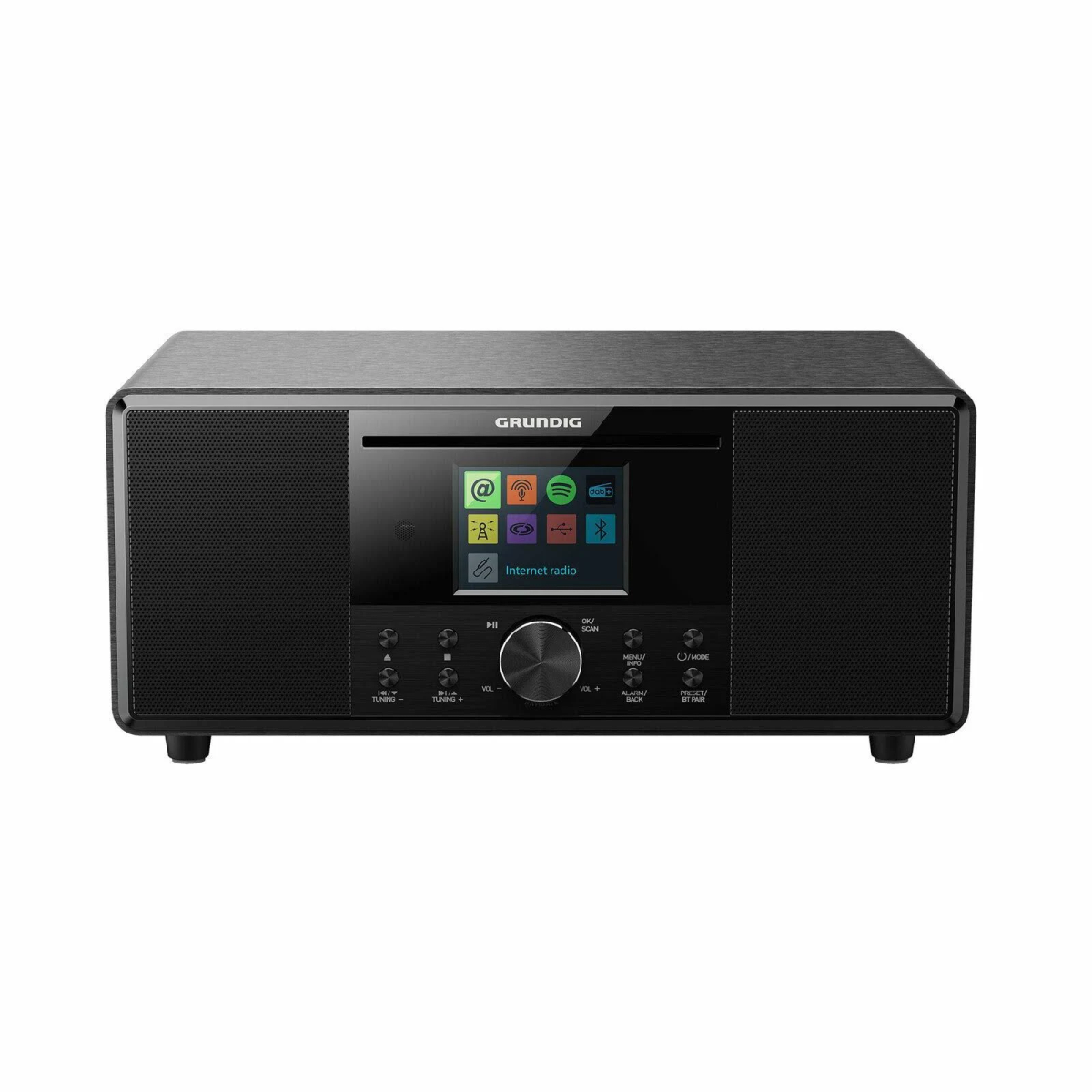 Radio por internet Grundig negra con pantalla. Muestra iconos, botones y altavoz.
