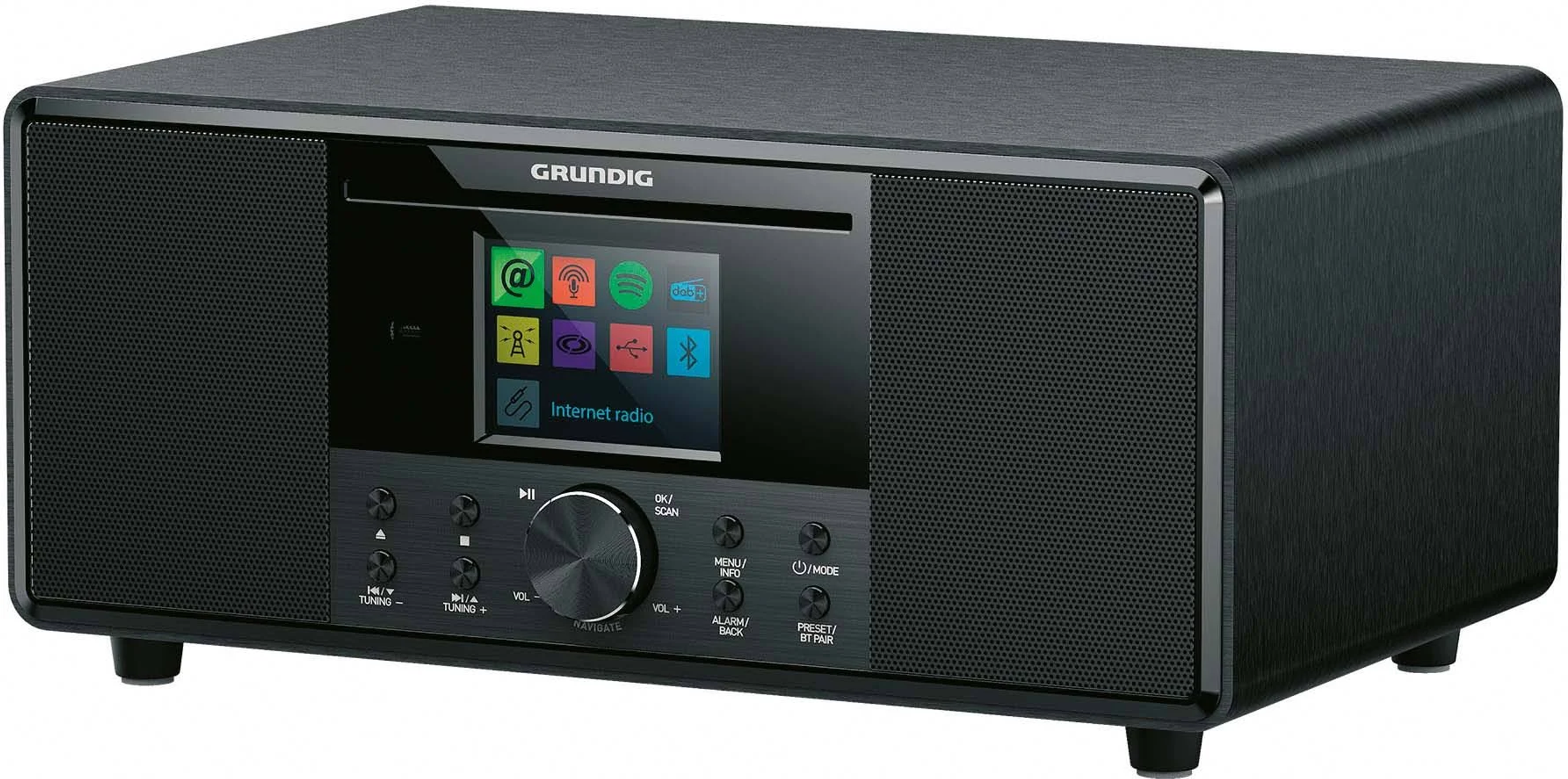 Radio por internet Grundig negro. Tiene pantalla, botones y reproductor de CD.
