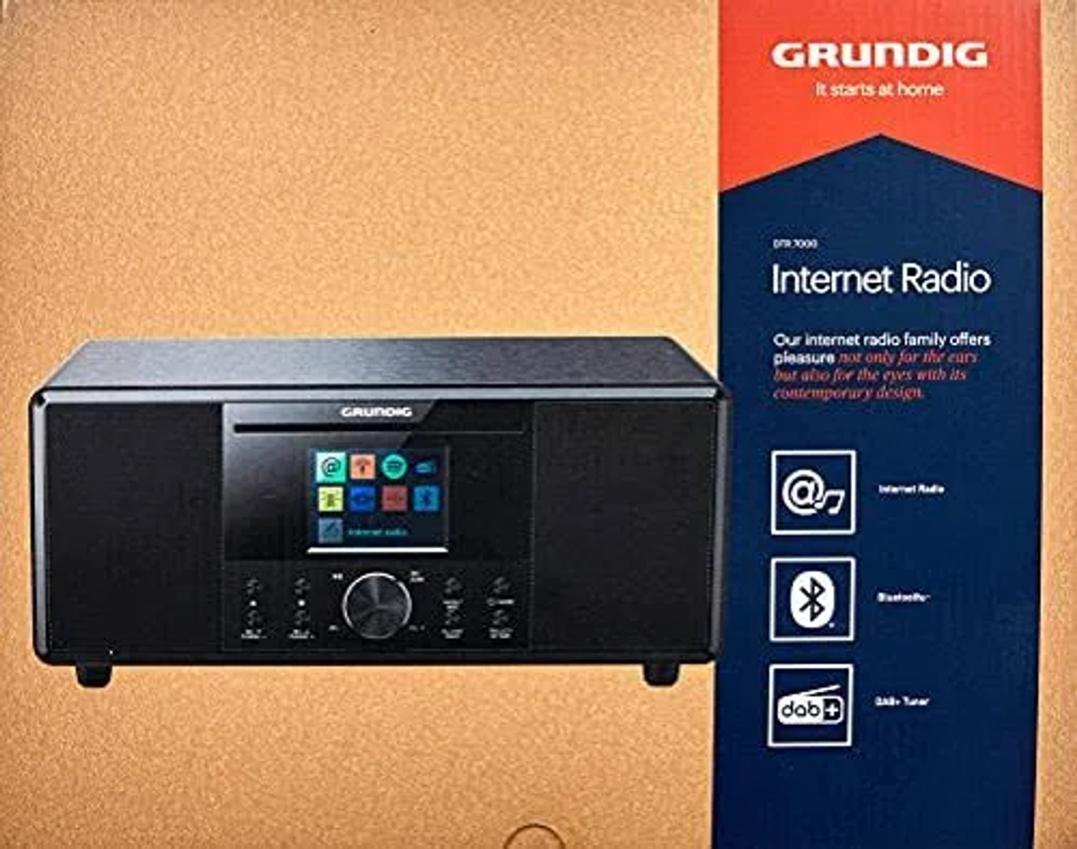 Una caja de radio por internet Grundig negra con una pantalla, una caja azul, roja y blanca en el lateral.