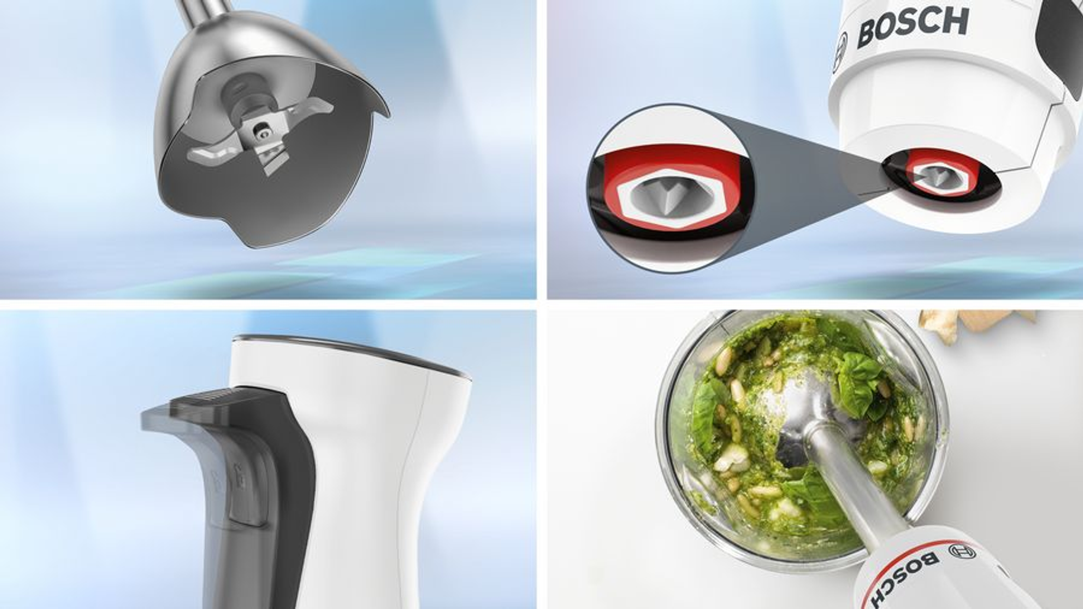 Seria zbliżeń blendera ręcznego Bosch, ostrzy i mocowania silnika. Biało-srebrny design.