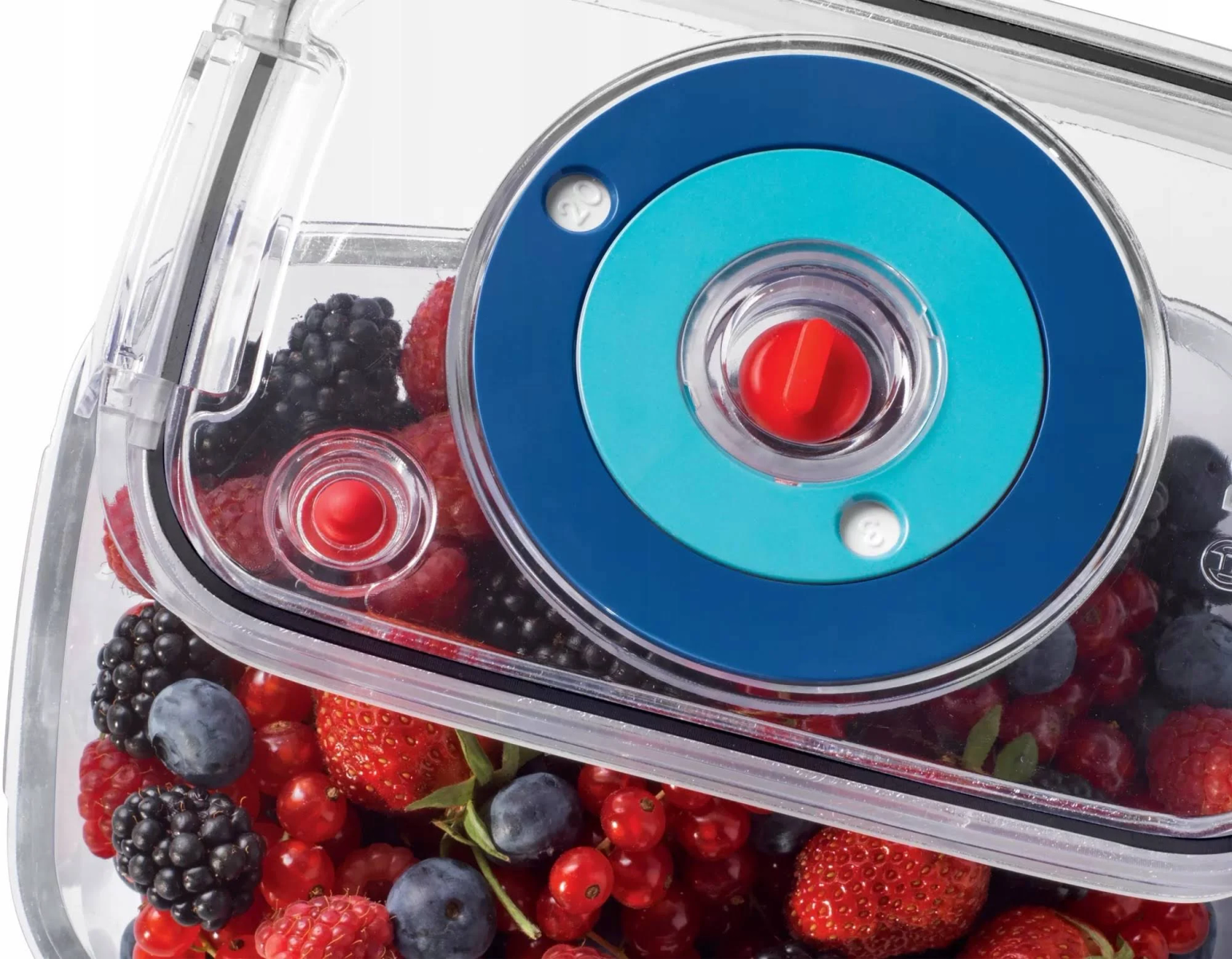 Transparenter Behälter gefüllt mit Beeren. Ein blauer Deckel mit rotem Knopf oben.