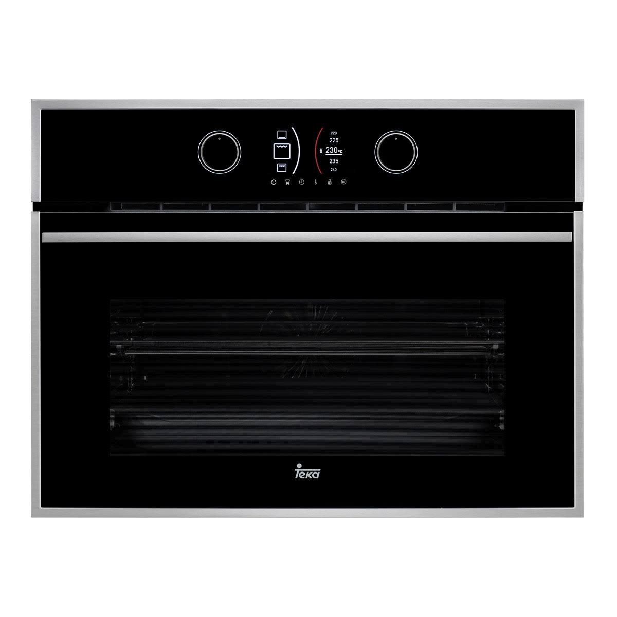 Horno negro con puerta de vidrio y pantalla digital, rodeado por marco de acero inoxidable.