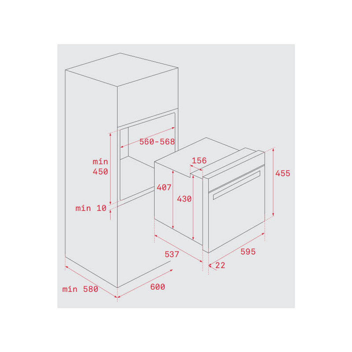 Un dibujo técnico muestra las dimensiones de un horno empotrado y un armario.