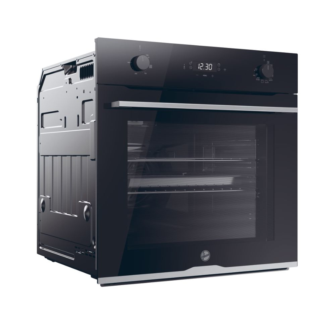 Forno nero con comandi e porta a vetro, che mostra la cavità interna.