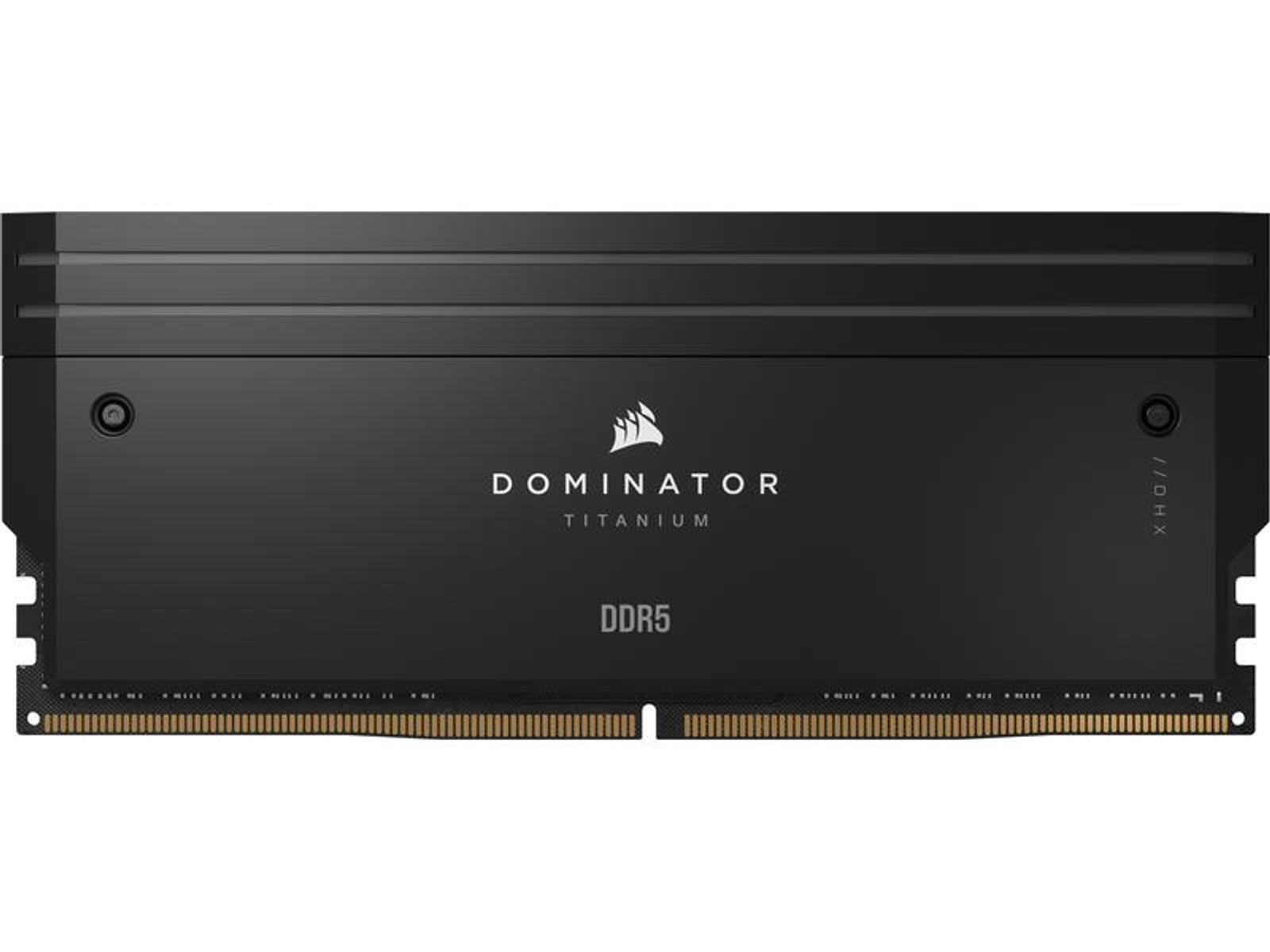 Czarny moduł RAM DDR5. Widoczne logo Dominator Titanium i etykieta DDR5.