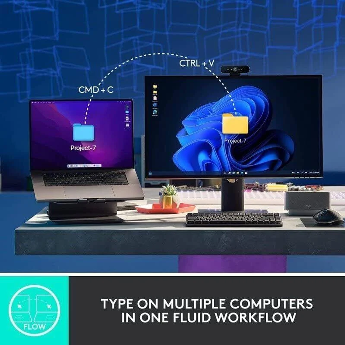 Dwa laptopy i monitor na biurku z klawiaturą. Tekst: PISZ NA WIELU KOMPUTERACH W JEDNYM PŁYNNYM OBIEGU PRACY.