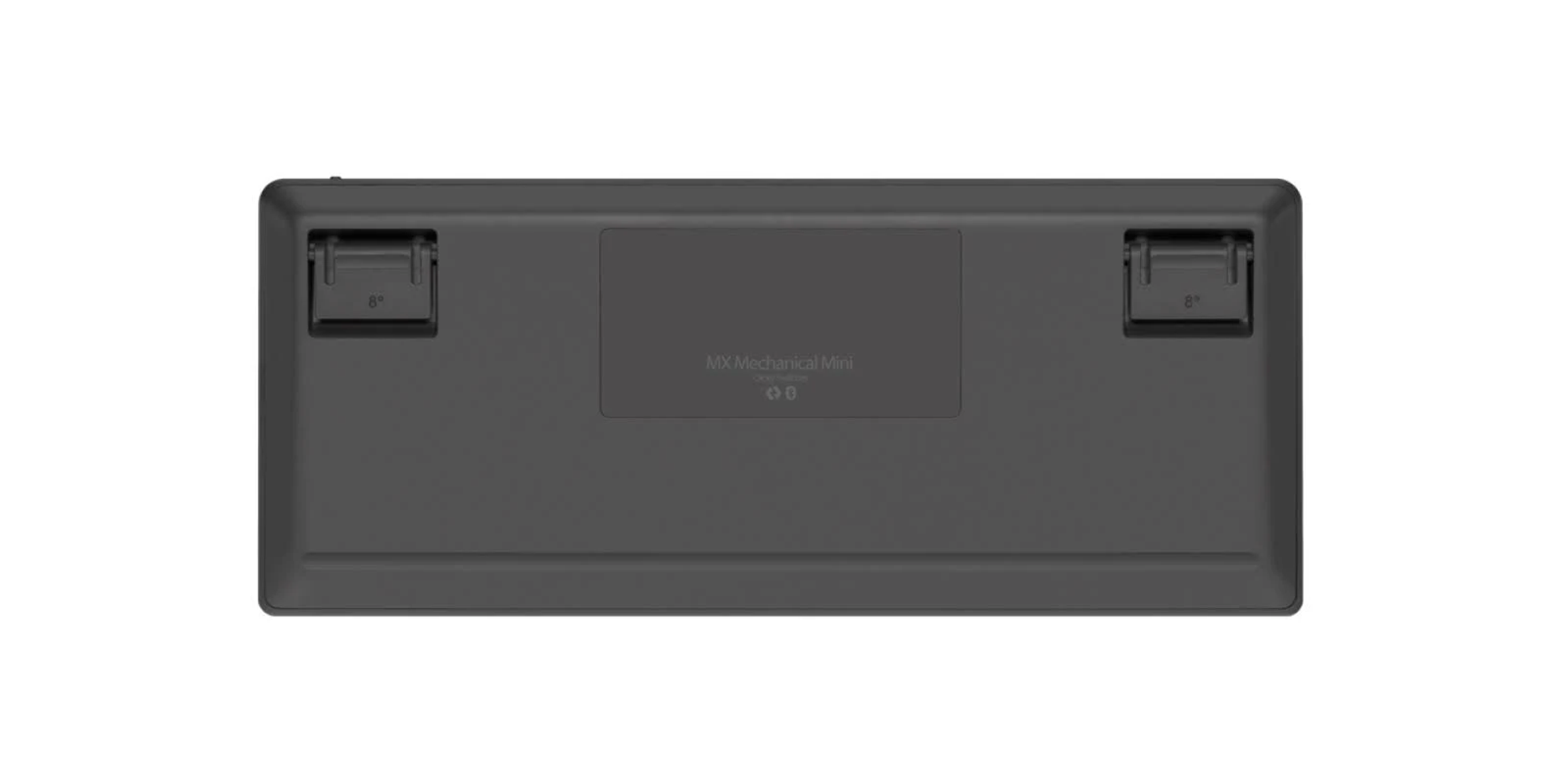 Tył ciemnoszarej klawiatury z logo, dwoma podpórkami i portem USB.