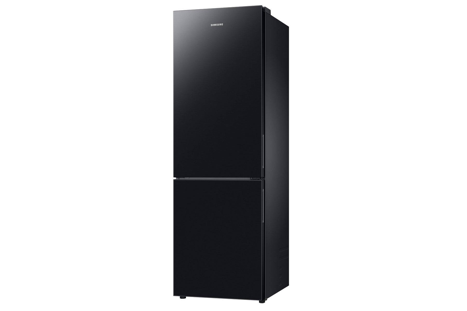 Schwarzer Kühlschrank mit zwei Türen. Das Samsung-Logo befindet sich auf der Tür. Klares Design.