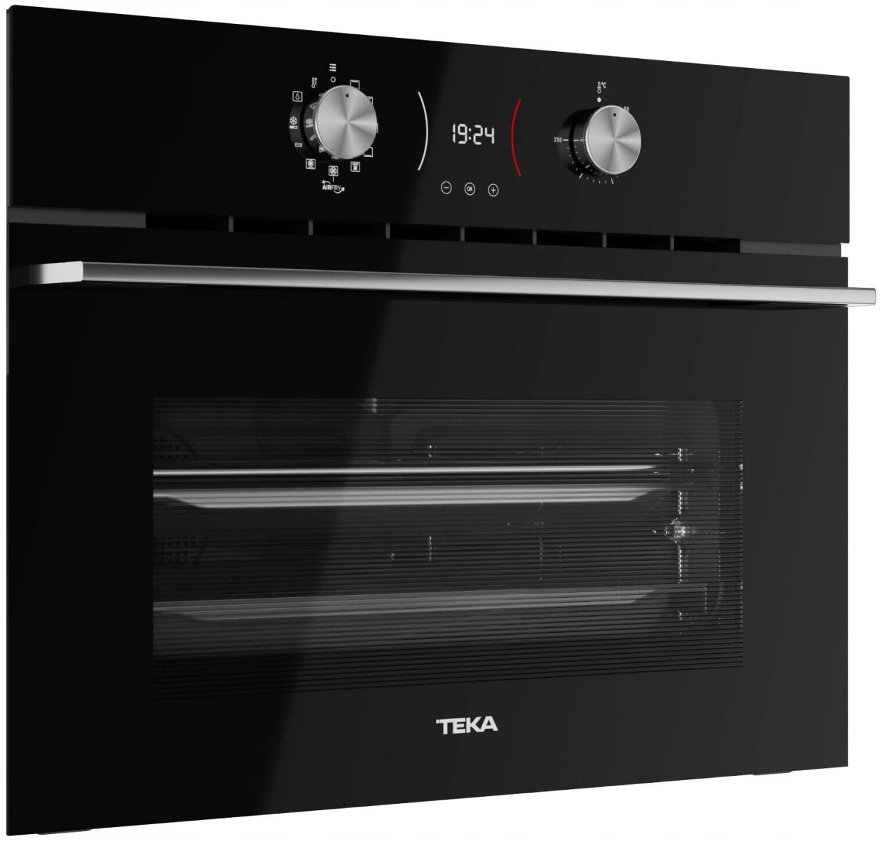 Forno nero con comandi e display digitale che mostra l'ora.