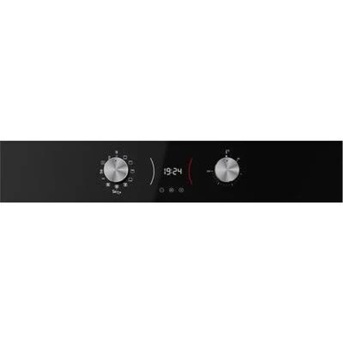 Pannello di controllo del forno nero con due manopole e un display digitale che mostra 19:24.