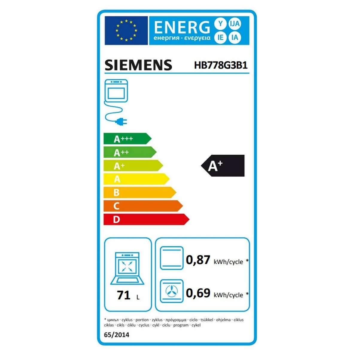Energielabel mit Energieeffizienzbewertungen für einen Ofen mit Siemens-Logo.