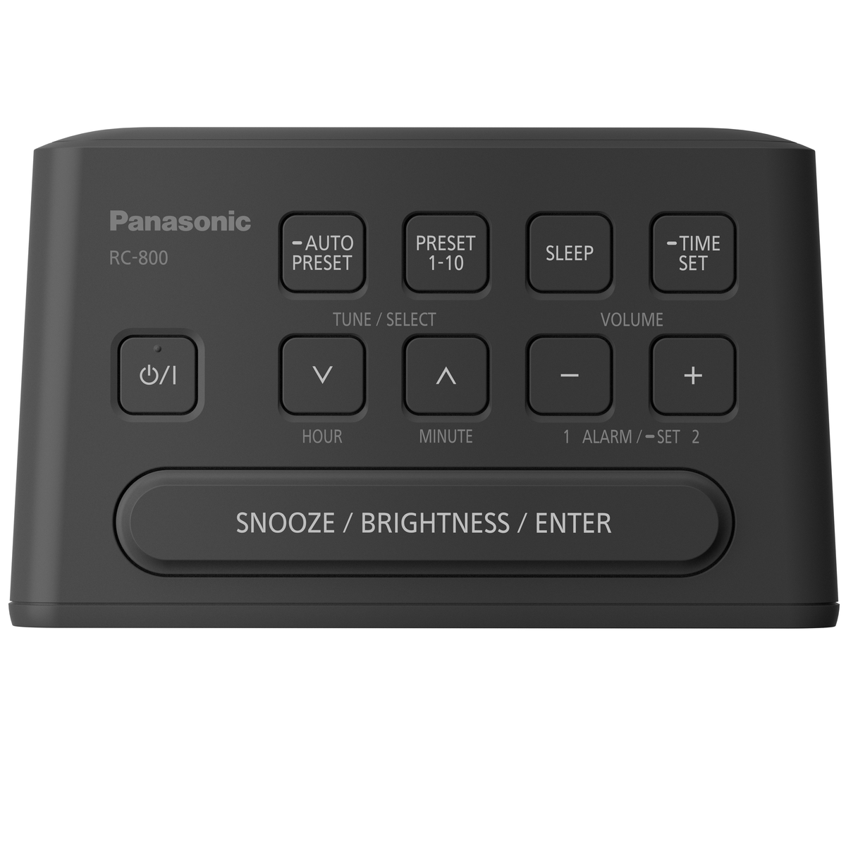Czarny budzik Panasonic. Widoczne przyciski czasu, drzemki i ustawień.