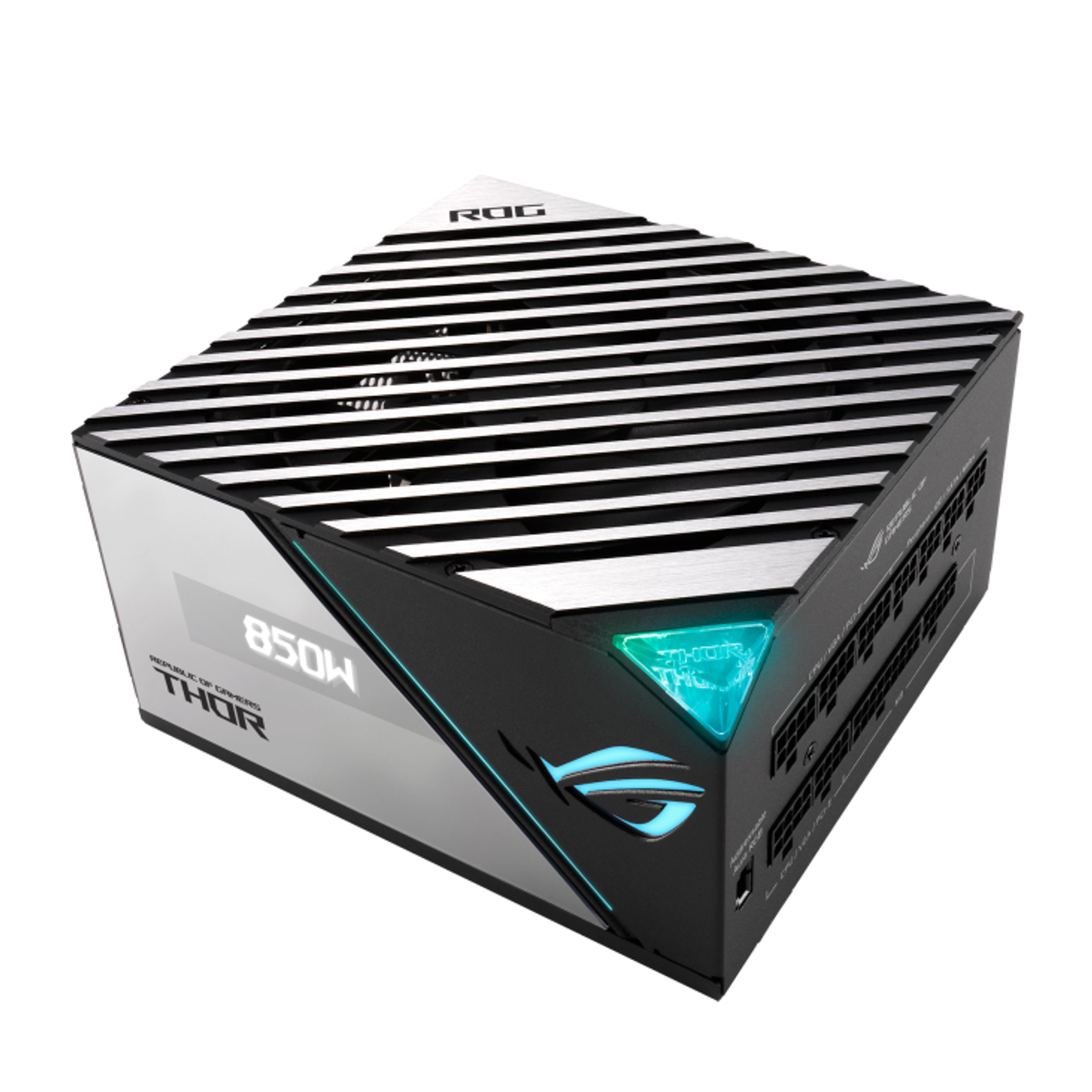 Een zwart-witte voedingseenheid met het ROG THOR-logo en 850W-tekst.
