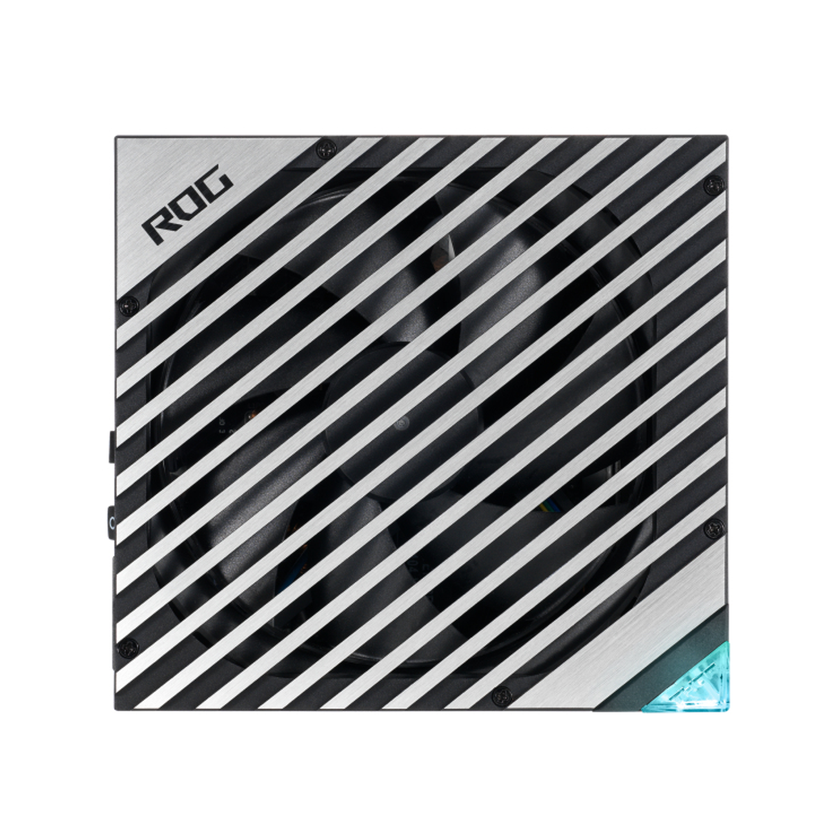 Voedingseenheid voor computers. Zwart apparaat met diagonale strepen en een ventilator.