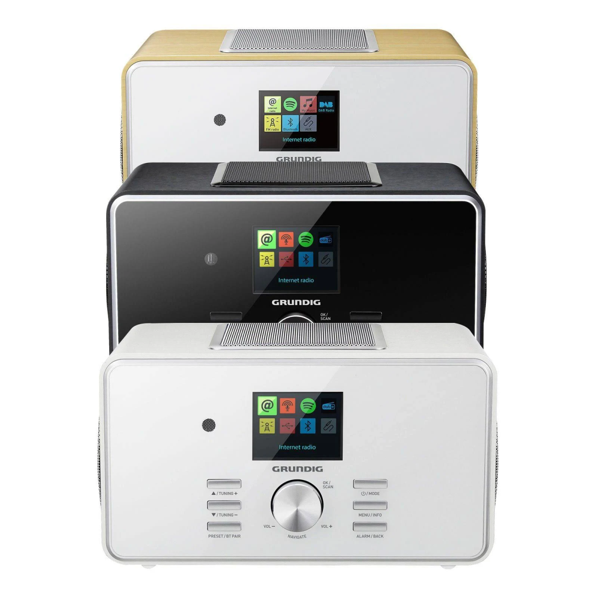 Trzy radia internetowe, czarne, białe i beżowe. Każde z ekranem i przyciskami, widok z boku.