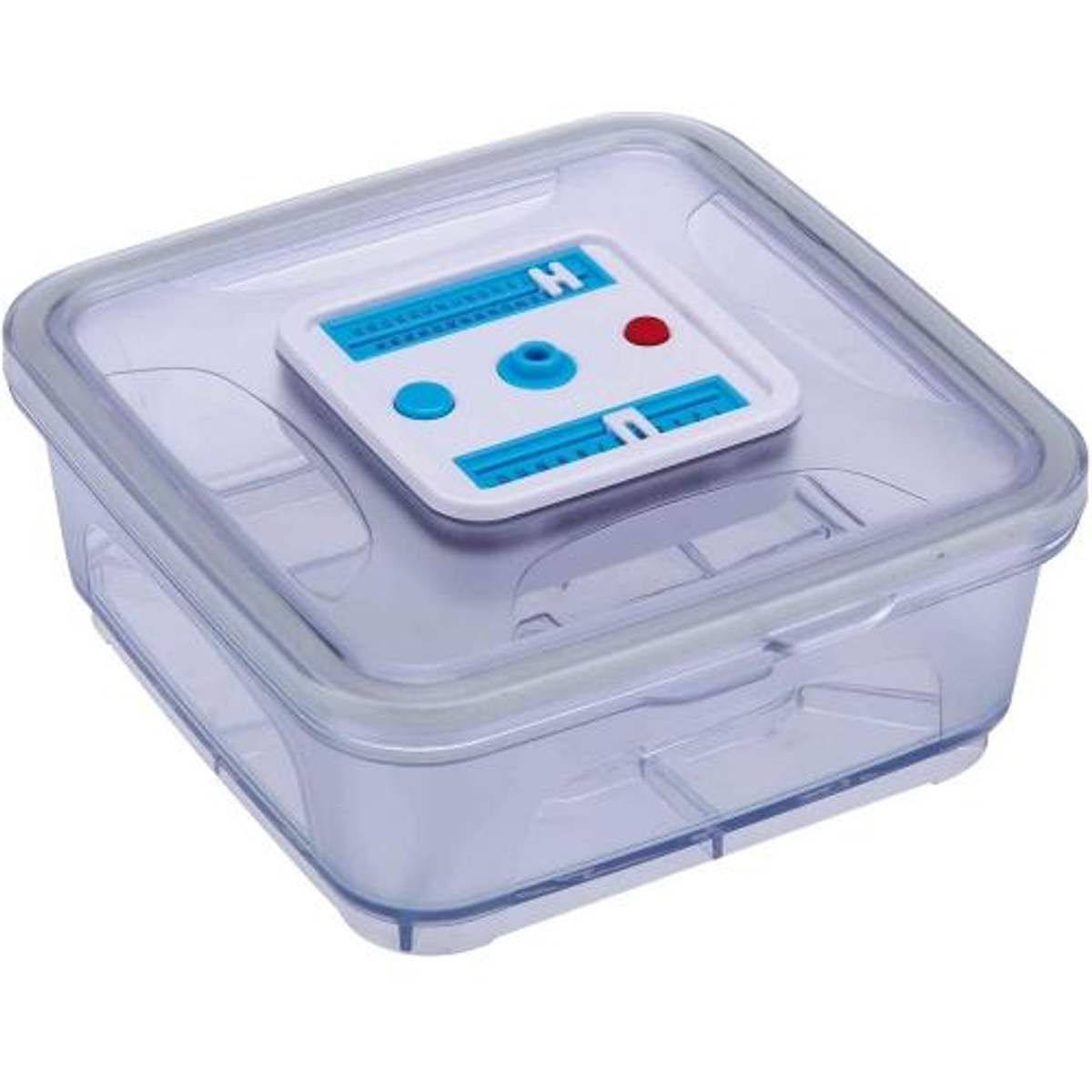 Przezroczysty, kwadratowy pojemnik na żywność z białą pokrywką i niebieskimi i czerwonymi przyciskami.