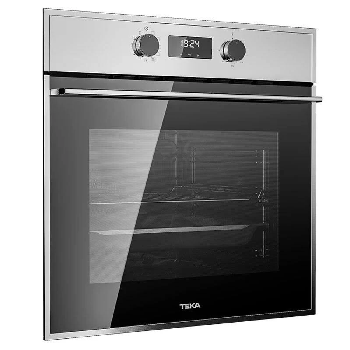 Horno Teka de acero inoxidable. Puerta de vidrio negro, dos mandos y pantalla digital.
