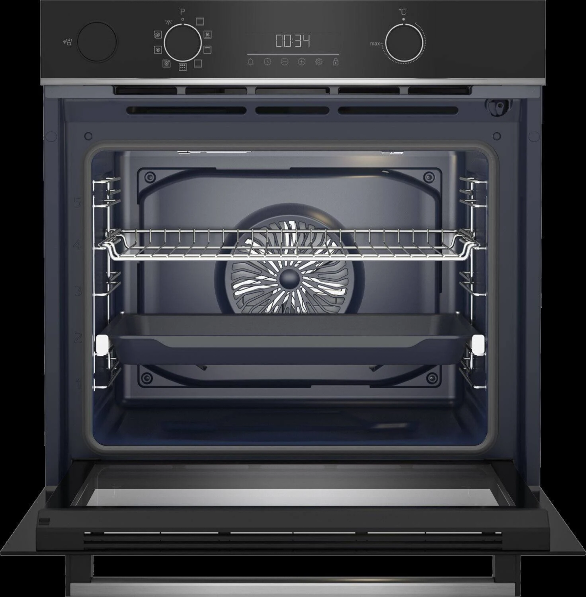 Forno nero ad incasso. Porta aperta. L'interno comprende ripiani, ventola e vassoio.