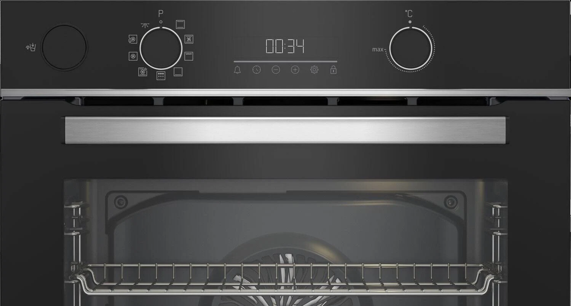 Comandi del forno con display digitale che mostra un timer. L'interno del forno è visibile.