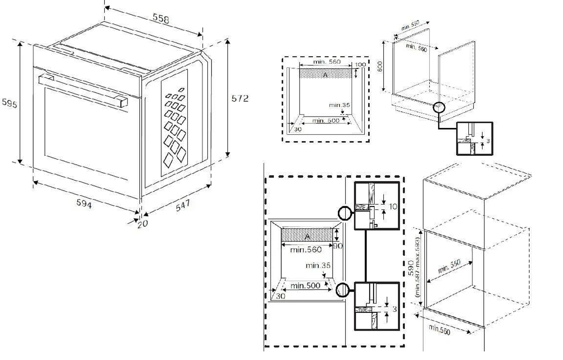 Disegno tecnico di un forno con dimensioni e diagrammi di installazione.