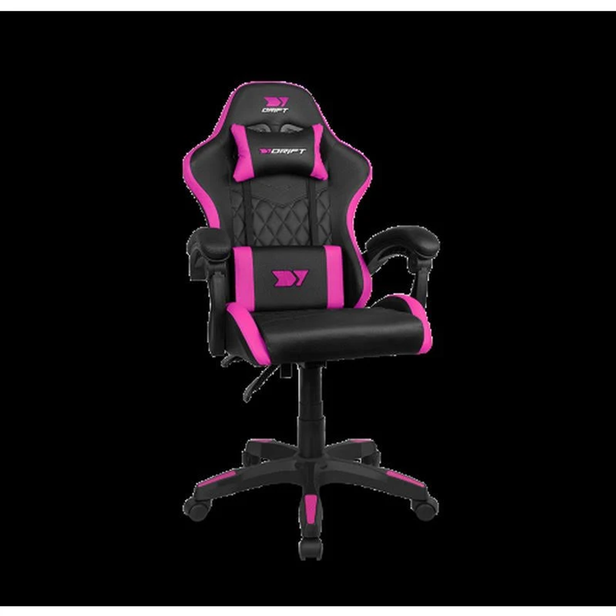 Silla de gaming negra y rosa sobre fondo negro. Tiene reposacabezas y reposabrazos.
