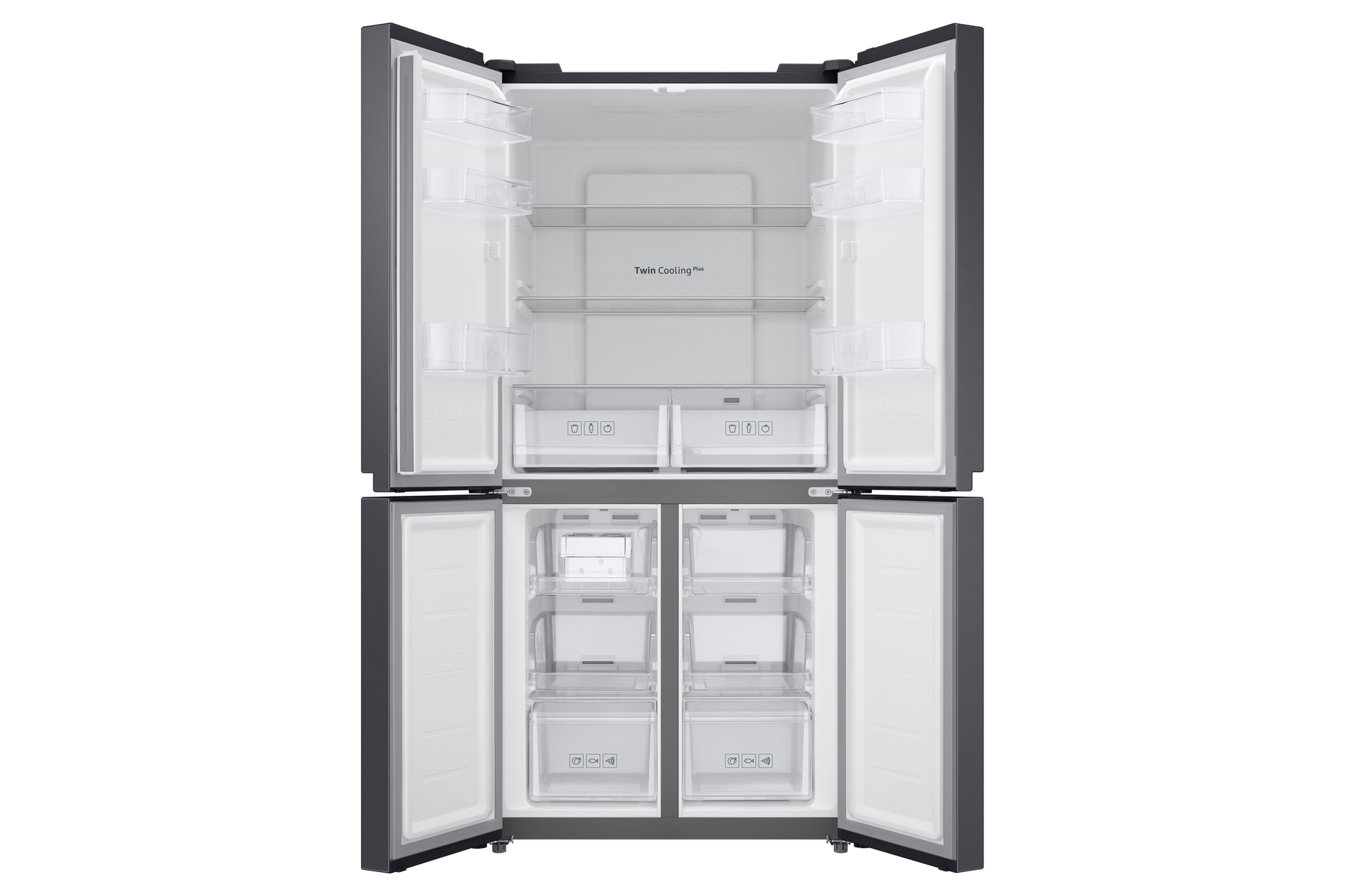 Refrigerador gris abierto con estantes, cajones y compartimentos organizados.