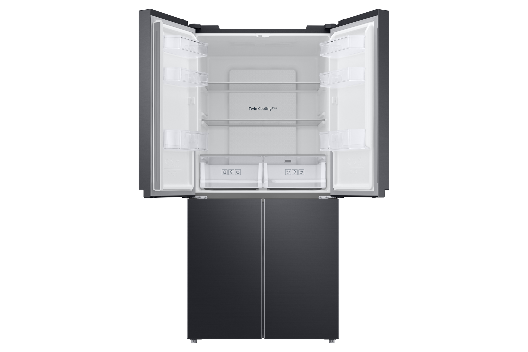 Refrigerador negro con puertas abiertas. Estantes y cajones visibles dentro del refrigerador.