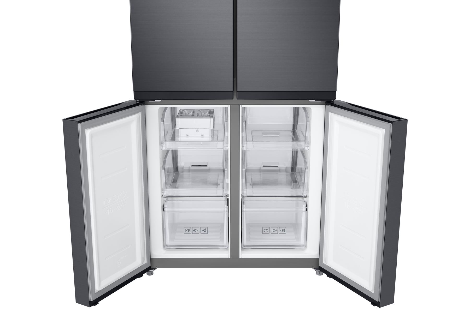Un refrigerador negro y gris, abierto mostrando el interior. Las características incluyen cajones y estantes.